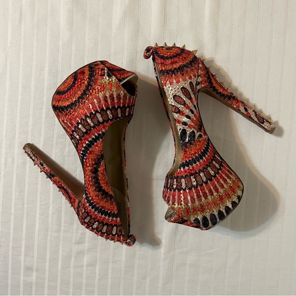 Wild Pair Retro Orange Multicolor Spike Peep Toe High Heels Stilettos Size 6M - Picture 7 of 14